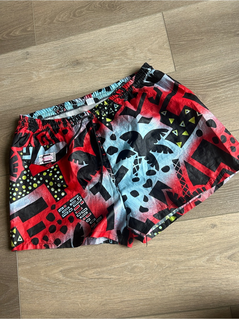 Vintage Red, Black & Light Blue Graphic Swim Trunks